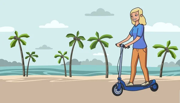 年轻的金发女孩骑电动 scooterboard 在热带海滩背景。扁线矢量图。在白色背景下被隔离。水平. — 图库矢量图片