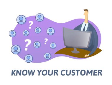 KYC, sizin müşteri kavramı biliyorum. Internet'teki bilgileri kontrol iş adamı. Beyaz arka plan üzerinde renkli düz vektör çizim.