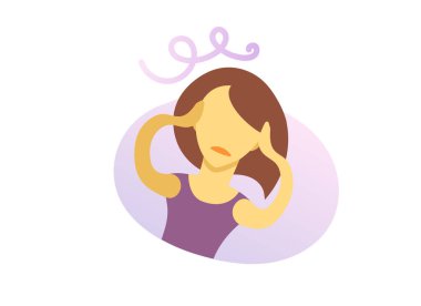 Bir baş ağrısı ile genç bayan. Sorunları ve endişeleri. Düz vektör çizim. Beyaz arka plan üzerinde izole.