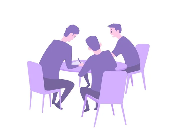 Grupo de tres jóvenes discutiendo en la mesa. Lluvia de ideas. Ilustración vectorial plana. Aislado sobre fondo blanco . — Vector de stock