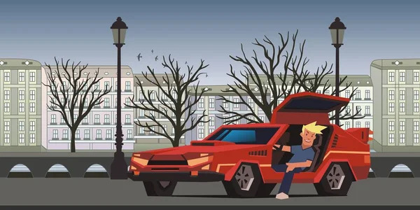 Joven chico sonriente sentado en coche de carreras rojo en el fondo de la ciudad de otoño. Viajero en el entorno natural. Ilustración vectorial plana, horizontal . — Vector de stock