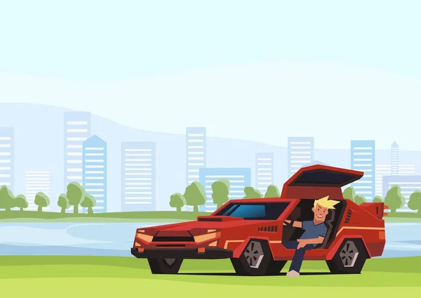 Χαμογελαστός νεαρός κάθεται σε κόκκινο αγωνιστικό αυτοκίνητο σε φόντο πάρκο της πόλης. Ταξιδιώτης στο φυσικό περιβάλλον. Εικονογράφηση διάνυσμα επίπεδη, οριζόντια. — Διανυσματικό Αρχείο