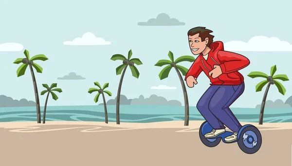 Jeune homme à capuche rouge chevauchant hoverboard sur fond de plage tropicale. Illustration vectorielle plat. Horizontal . — Image vectorielle