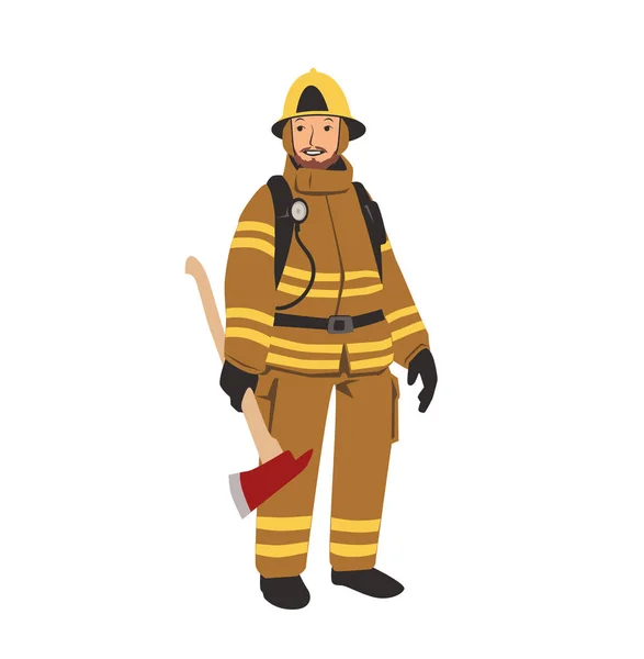Firefighter character with an axe. Flat vector illustration. Isolated on white background.