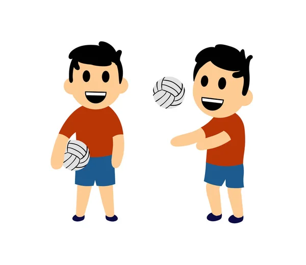 Смішний мультяшний хлопчик грає у волейбол. Набір з двох персонажів. Плоска векторна ілюстрація. Ізольовані на білому тлі . — стоковий вектор