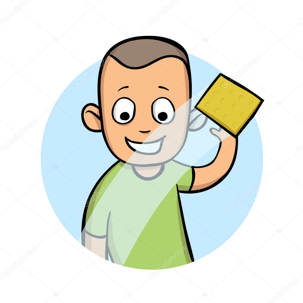 Young man wipes a window or a car glass with a damp cloth. Cartoon vector illustration, isolated on white background.