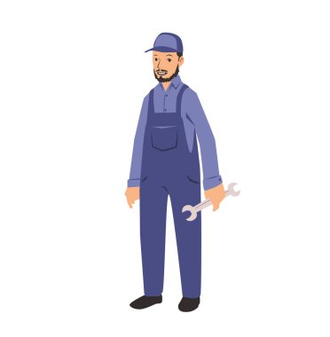 Mekanik Servisi tamirci işçi adam bir somun anahtarı tutan. Düz vektör çizim. Beyaz arka plan üzerinde izole.