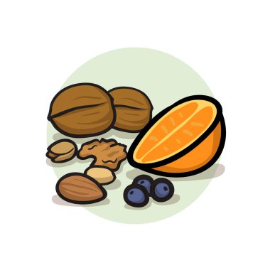 Sağlıklı yüksek lif diyet gıda kavramı meyveler, meyve, sebze, fındık ve tohum. Süper gıdalar antioksidanlar ve vitaminler yüksek. Düz vektör çizim. Beyaz arka plan üzerinde izole.