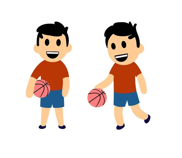 Drôle de garçon de dessin animé jouant au basket. Ensemble de deux personnages. Illustration vectorielle plate. Isolé sur fond blanc . — Image vectorielle