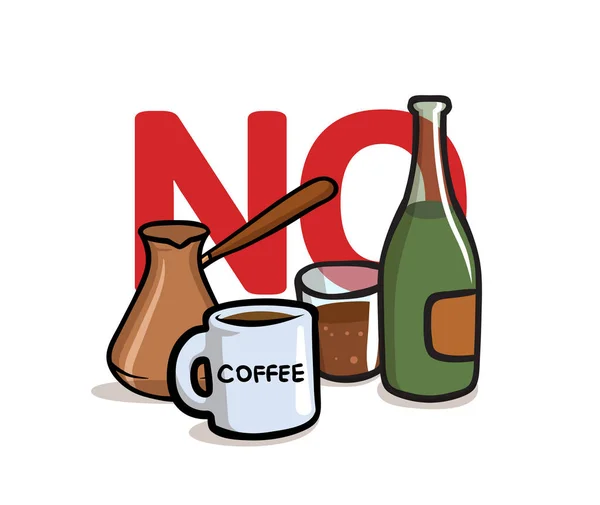 Zeg nee tegen Alcohol en cafeïne. Alcohol, cafeïne vrije. Platte vectorillustratie. Geïsoleerd op witte achtergrond. — Stockvector