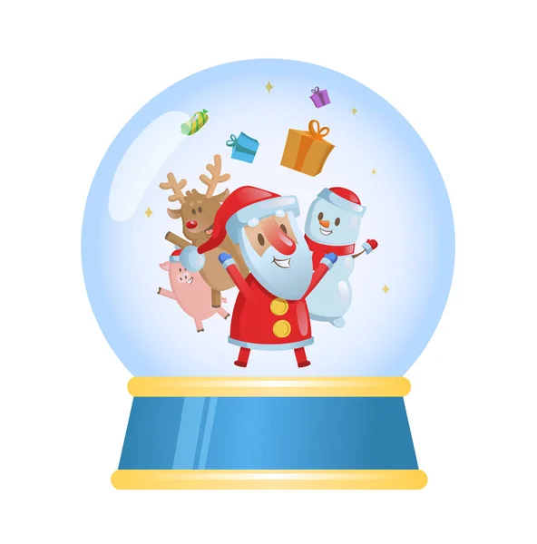 Feliz Natal bola de vidro com o Papai Noel e seus amigos. Ilustração vetorial plana. Isolado sobre fundo branco . — Vetor de Stock