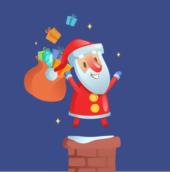 Glücklich lustige Weihnachtsmann mit Sack voller Geschenke auf Schornstein. flache Vektordarstellung auf blauem Hintergrund. — Stockvektor