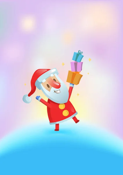 Papai Noel engraçado com presentes dançando entre luzes brilhantes. Cartão de Natal. Ilustração vetorial plana. Vertical . — Vetor de Stock