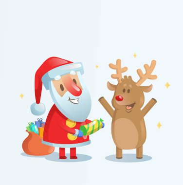 Noel Baba onun Ren geyiği arkadaş ile kutluyor. Karikatür Noel kartı. Düz vektör çizim. Üzerinde mavi arka plan izole.