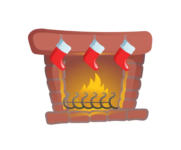 クリスマス ストッキングがある火の場所。漫画クリスマス カード要素。フラットのベクター イラストです。白い背景に分離. — ストックベクタ