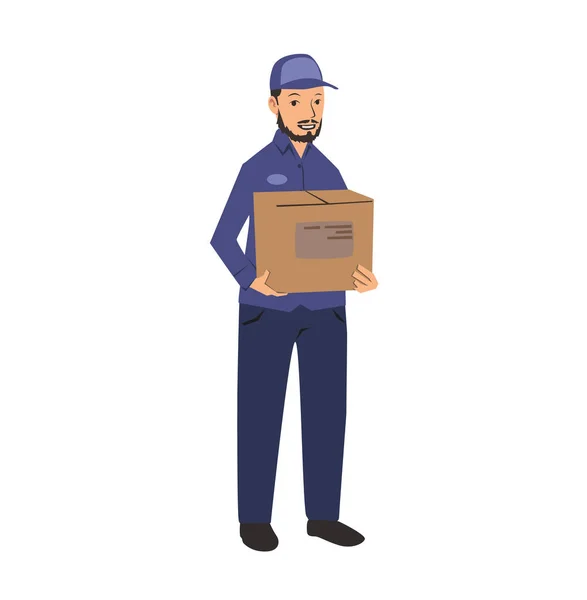Livreur en uniforme bleu tenant une boîte. Illustration vectorielle plate. Isolé sur fond blanc . — Image vectorielle