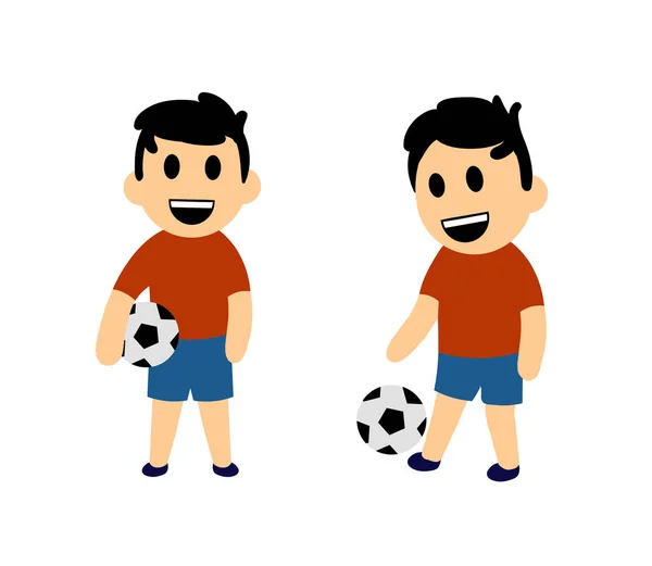 Lustiger Cartoon-Junge beim Fußballspielen. Satz von zwei Zeichen. flache Vektordarstellung. isoliert auf weißem Hintergrund. — Stockvektor