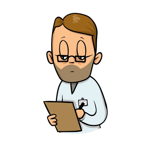 Médico adulto de dibujos animados tomando notas. Ilustración vectorial plana. Aislado sobre fondo blanco . — Archivo Imágenes Vectoriales