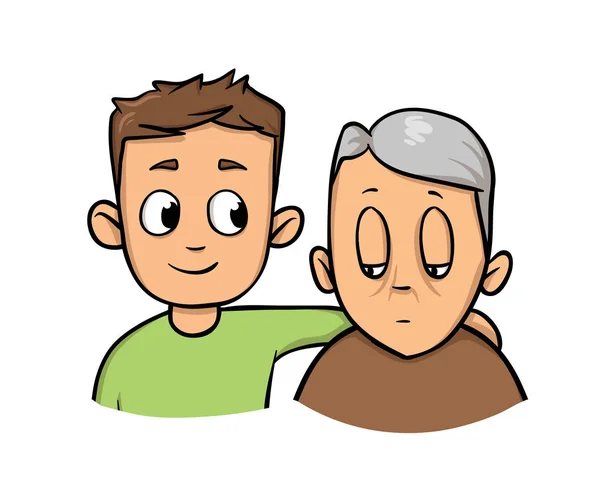 Mladý muž hospodářství starší muž. Sociální pracovník pomáhá starší šedé vlasy-muž. Plochá vektorové ilustrace. Izolované na bílém pozadí. — Stockový vektor