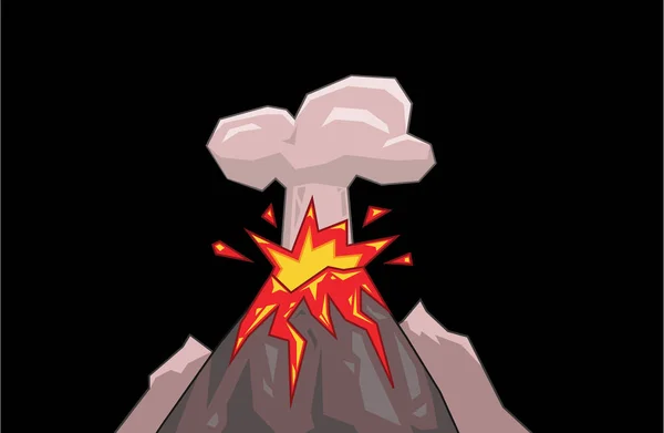 ภูเขาไฟระเบิดด้วยเมฆควัน ภาพเวกเตอร์แบน ถูกแยกจากพื้นหลังสีดํา . — ภาพเวกเตอร์สต็อก