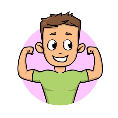 Boy flaunting his muscles. Fitness flat design icon. Flat vector illustration. Isolated on white background. clipart