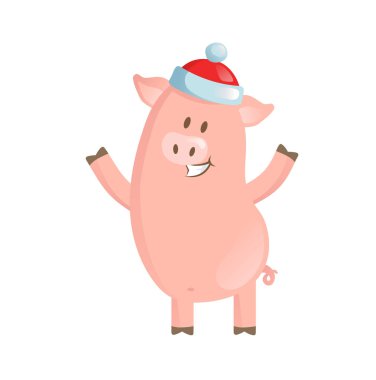 Komik Noel domuzu kırmızı şapka karakteri. Düz vektör çizim. Beyaz arka plan üzerinde izole.