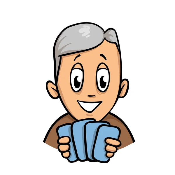 Ein älterer Mann hält vier Karten in der Hand. flache Vektordarstellung. isoliert auf weißem Hintergrund. — Stockvektor