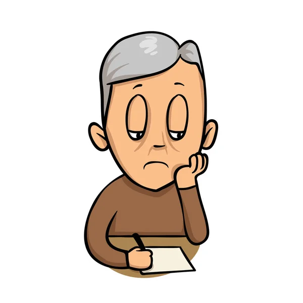 Sad old man writing a note. Flat vector illustration. Isolated on white background. — Stock Vector