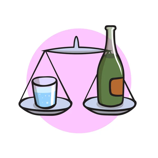 Galss van water en fles alcohol op schalen. Cartoon design icoon. Platte vectorillustratie. Geïsoleerd op witte achtergrond. — Stockvector