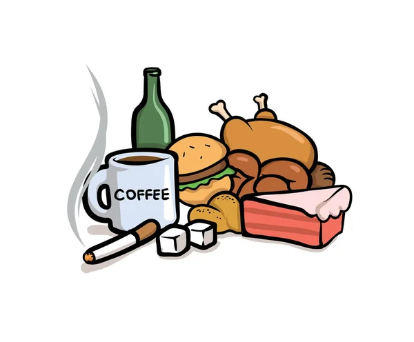 Cattive abitudini. Caffeina, zucchero, fumo e cibo spazzatura. Illustrazione a vettore piatto. Isolato su sfondo bianco . — Vettoriale Stock