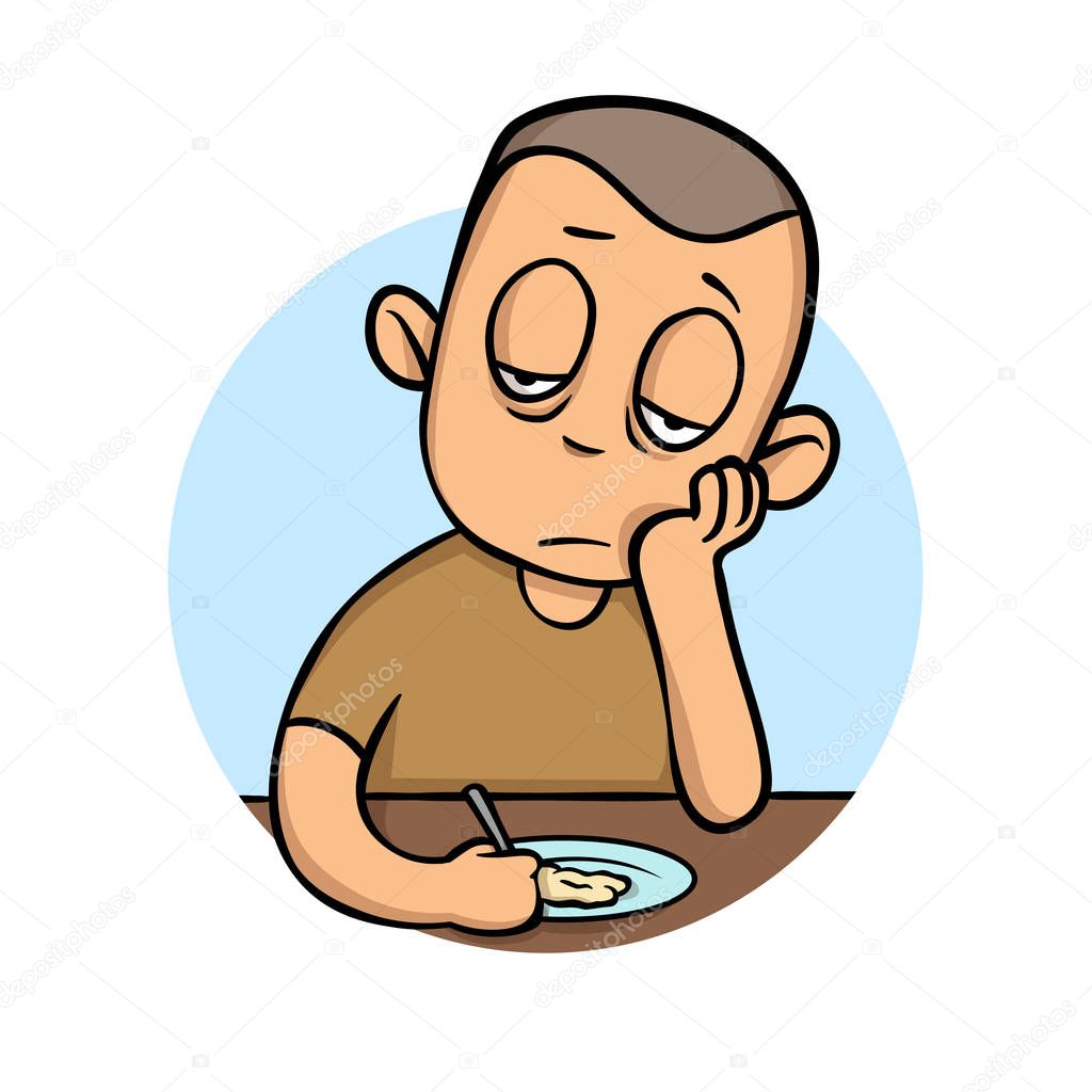 Sick young man with no appetite in front of the meal. Flat vector illustration. Isolated on white background.