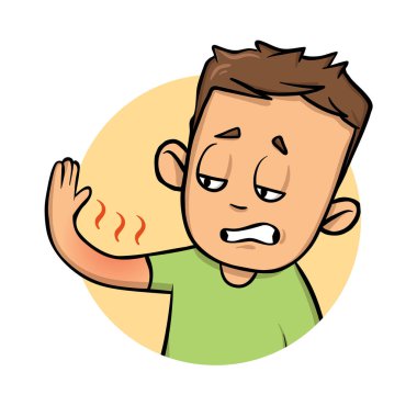 Güneş yanığı olan genç adam. Düz tasarım simgesi. Düz vektör çizim. Beyaz arka plan üzerinde izole.