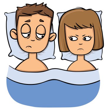 Mutsuz genç çift yatak, sorunları, aile krizi. Karikatür tasarım simgesi. Düz vektör çizim. Beyaz arka plan üzerinde izole.