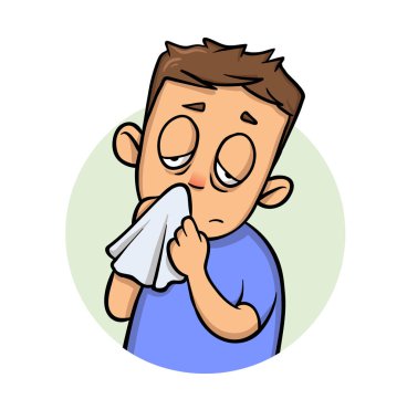 Burun koşma. Bir mendil ile hasta çocuk. Karikatür tasarım simgesi. Düz vektör çizim. Beyaz arka plan üzerinde izole.