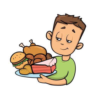 Plaka önemsiz kadar dolu tutan çocuk. Overeating. Karikatür tasarım simgesi. Düz vektör çizim. Beyaz arka plan üzerinde izole.