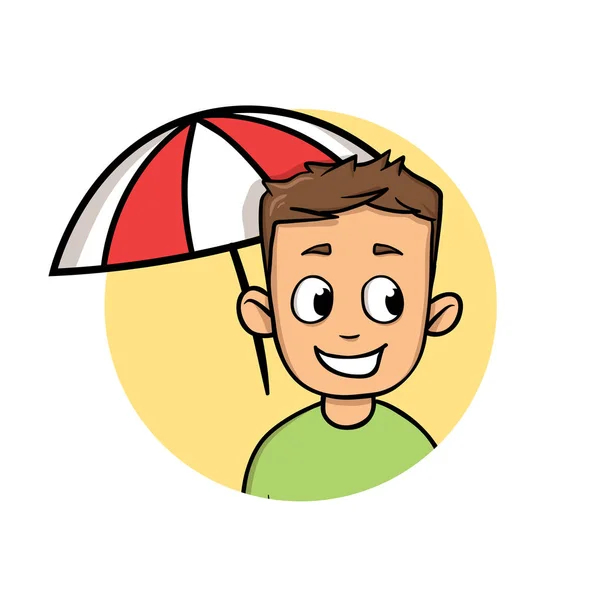 Smiling boy hiding from sun under beach umbrella. Sunbathing and protection. Flat design icon. Colorful flat vector illustration. Isolated on white background. — Stock Vector