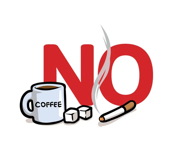 Diz não aos maus hábitos. Cafeína, açúcar e tabagismo. Ilustração vetorial plana. Isolado sobre fundo branco . —  Vetores de Stock