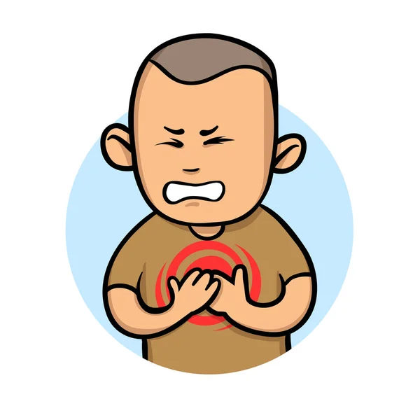 Joven sintiendo dolor en el pecho. Angina y ataque al corazón. Ilustración vectorial plana. Aislado sobre fondo blanco . — Vector de stock