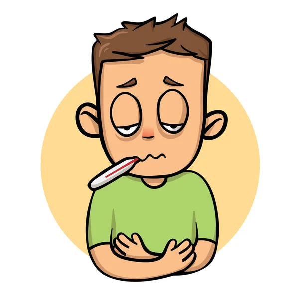 Άρρωστο παιδί αγόρι με το θερμόμετρο στο στόμα του. Εικονίδιο σχέδιο καρτούν. Επίπεδη διανυσματικά εικονογράφηση. Απομονωμένα σε λευκό φόντο. — Διανυσματικό Αρχείο