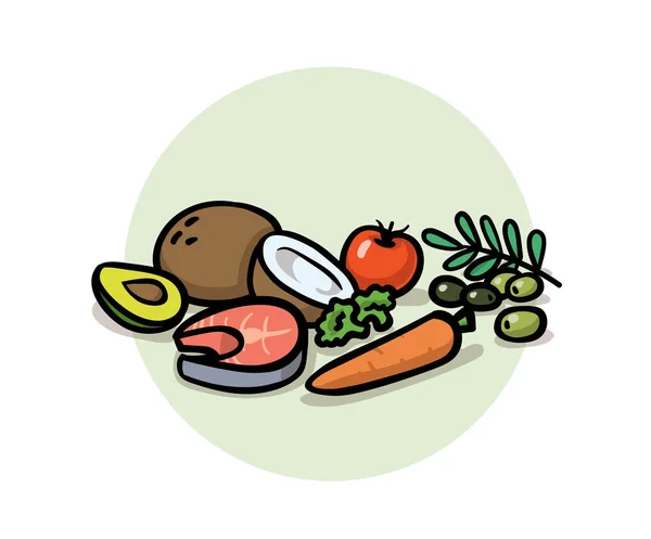 Gezonde evenwichtige voeding. Superfoods, detox dieet, gezonde voeding. Kokosnoot, wortel, olijven, avocado en vis. Cartoon design icoon. Platte vectorillustratie. Geïsoleerd op witte achtergrond. — Stockvector