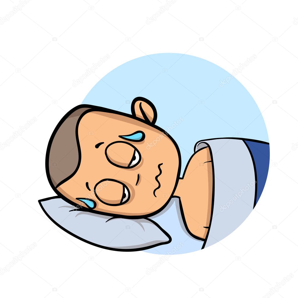 Young man soaked in sweat lying in his bed. Cartoon design icon. Flat vector illustration. Isolated on white background.