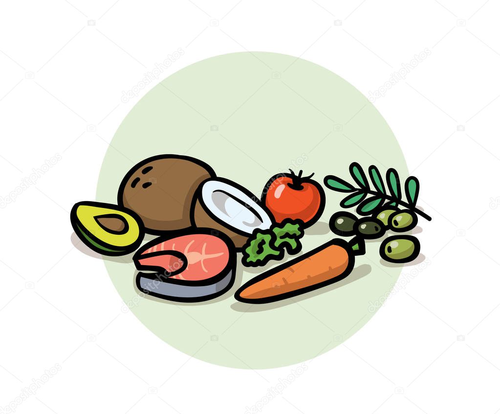 Healthy balanced food. Superfoods, detox, diet, healthy food. Coconut, carrot, olives, avocado and fish. Cartoon design icon. Flat vector illustration. Isolated on white background.