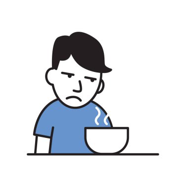 İştahım yemek önünde olan hasta genç adam. Düz vektör çizim. Beyaz arka plan üzerinde izole.