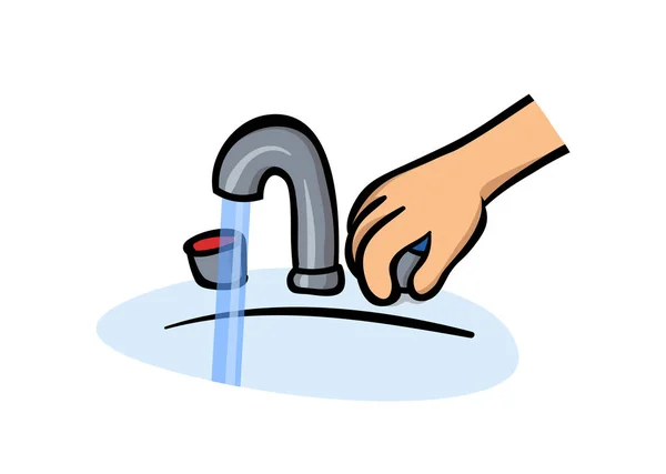 Рука поруч з водяним краном. Чоловік миє руки, гігієну. Плоска векторна ілюстрація. Ізольовані на білому тлі . — стоковий вектор