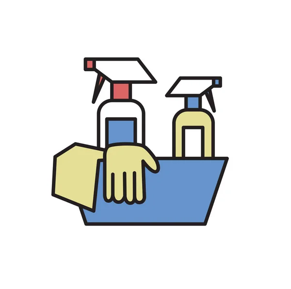 Instellen voor het reinigen. Handschoenen en schoonmaak spray-flessen in het bekken. Cartoon design icoon. Platte vectorillustratie. Geïsoleerd op witte achtergrond. — Stockvector