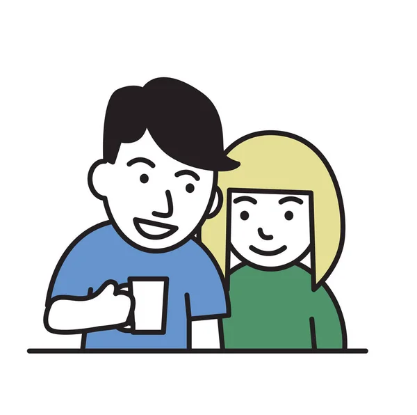 Jeune couple. Un type tenant une tasse, une fille souriante. Icône design plat. Illustration vectorielle plate colorée. Isolé sur fond blanc . — Image vectorielle