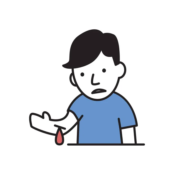 Mladý muž s krvácením zranění ruky. Jednoduchý styl ikon. Plochá vektorové ilustrace. Izolované na bílém pozadí. — Stockový vektor