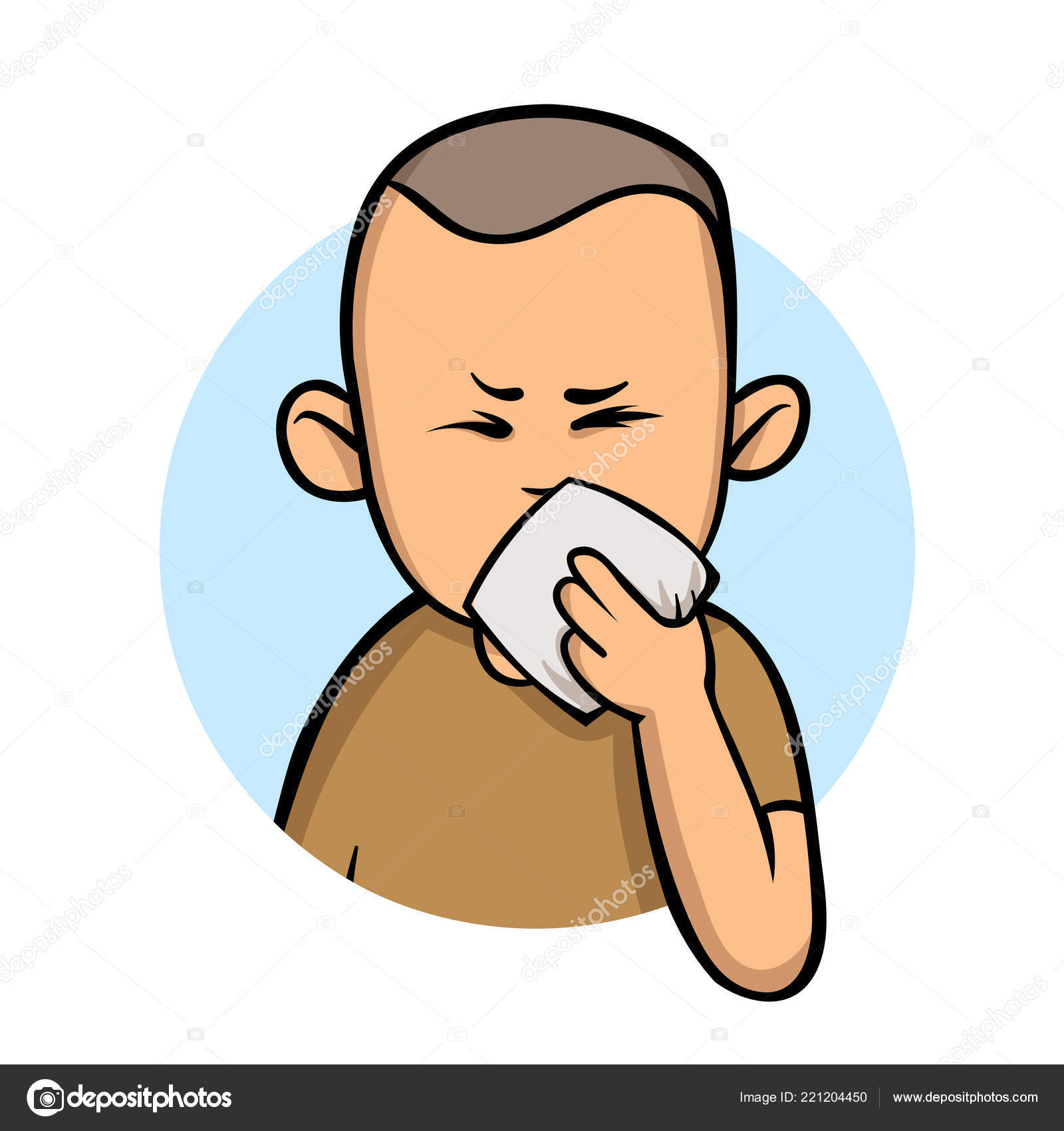 Running nose. Sick boy with a handkerchief. Cartoon design icon. Flat  vector illustration. Isolated on white background. Stock Vector Image by  © #221204450
