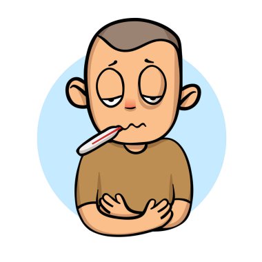 Hasta çocuk çocuk termometre içinde onun ağız. Karikatür tasarım simgesi. Düz vektör çizim. Beyaz arka plan üzerinde izole.