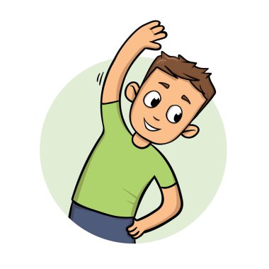 Komik adam streching ve egzersiz. Aktif yaşam tarzı. Karikatür tasarım simgesi. Düz vektör çizim. Beyaz arka plan üzerinde izole.
